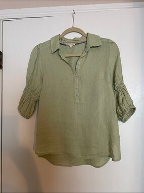 Pilcro Linen Sage Green Henley Button Blouse